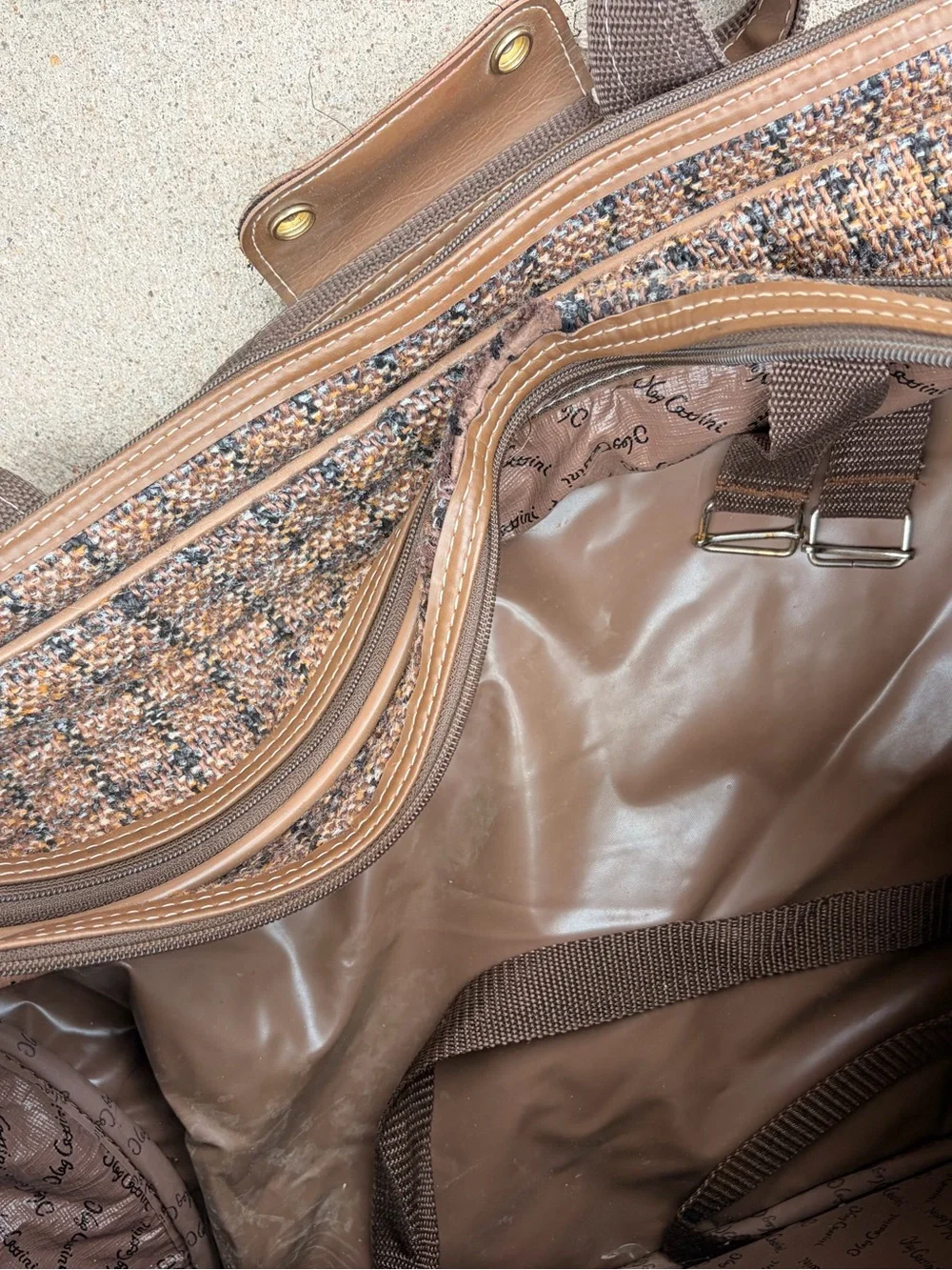 Vintage Oleg Cassini Tweed Travel Bag Suitcase Brown Weekender Shoulder Strap